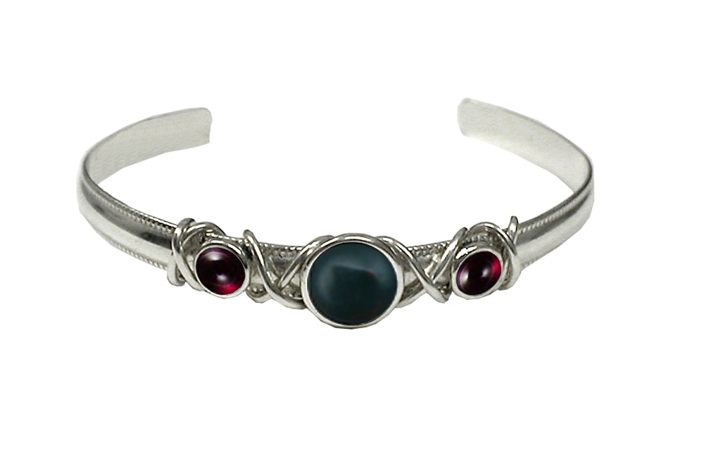 Sterling Silver Hand Made Cuff Bracelet With Bloodstone And Garnet